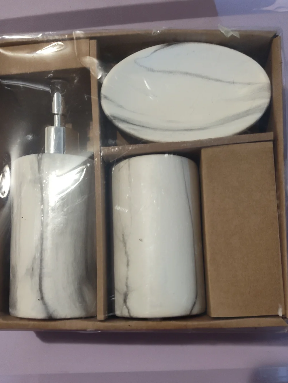 Marble-Effect White Bathroom Accessory Set - 3 Piece